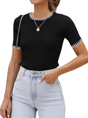 luvamia Womens Tops Trendy Business Casual Summer Short Sleeve Sweater Top Slim Fit Color Block Crewneck Ribbed Knit Tee