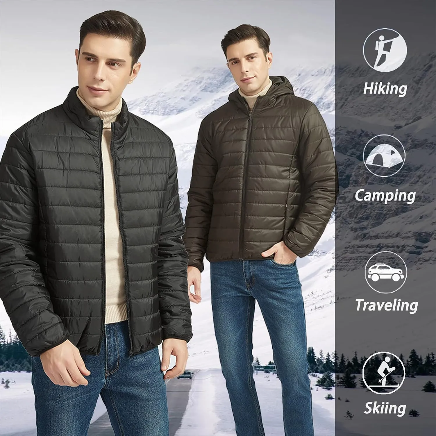 MADHERO Mens Packable Hooded Puffer Jacket Lightweight Water-Resistant Quilted Puffy Outerwear with Hood