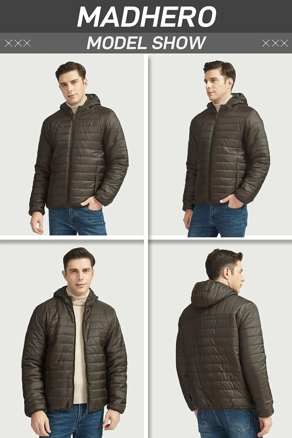 MADHERO Mens Packable Hooded Puffer Jacket Lightweight Water-Resistant Quilted Puffy Outerwear with Hood