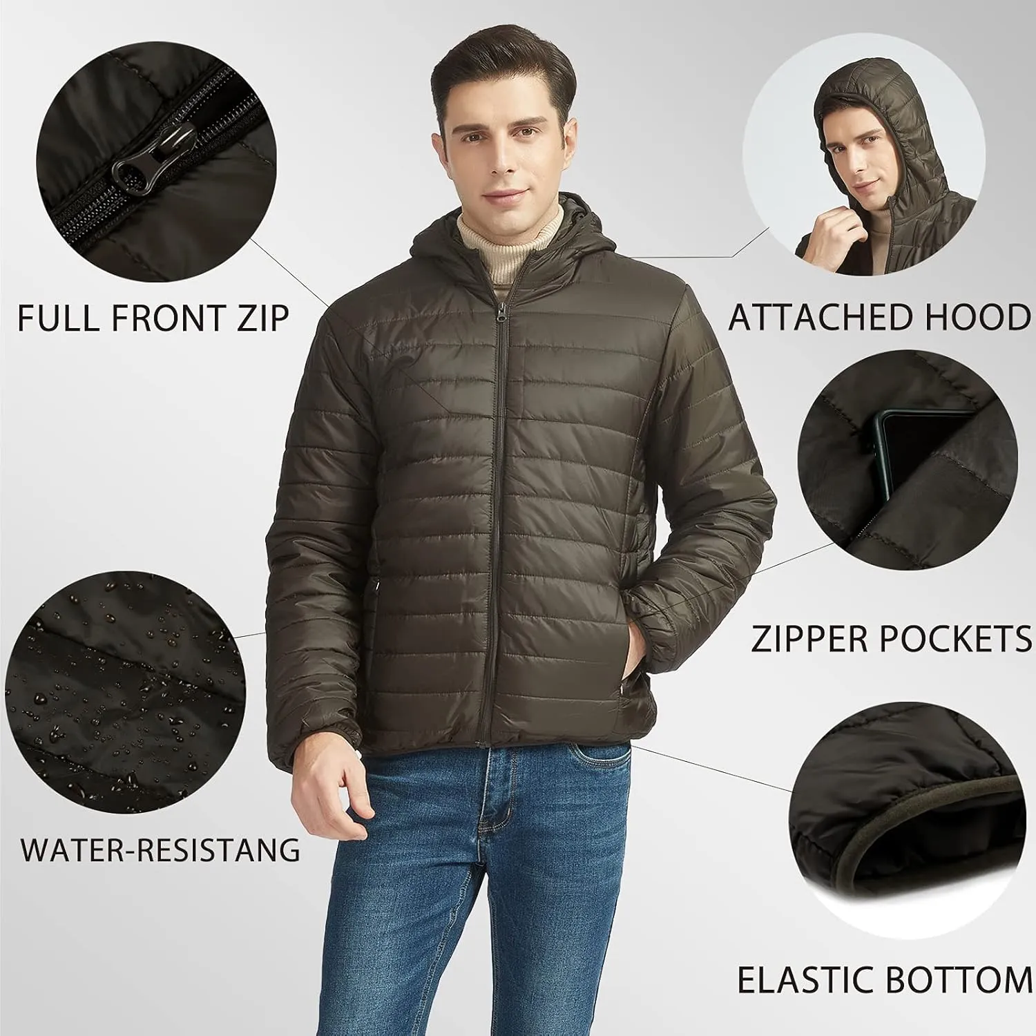 MADHERO Mens Packable Hooded Puffer Jacket Lightweight Water-Resistant Quilted Puffy Outerwear with Hood