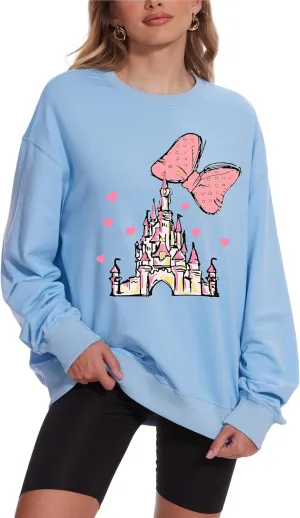 Magic Kingdom Sweatshirts For Women Magical Castle Pullover Bows Graphic Oversized Holiday Long Sleeve Tee Shirt Tops