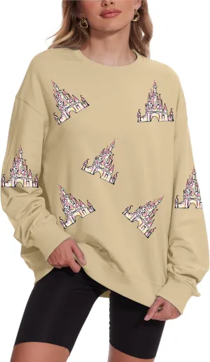 Magic Kingdom Sweatshirts For Women Magical Castle Pullover Bows Graphic Oversized Holiday Long Sleeve Tee Shirt Tops