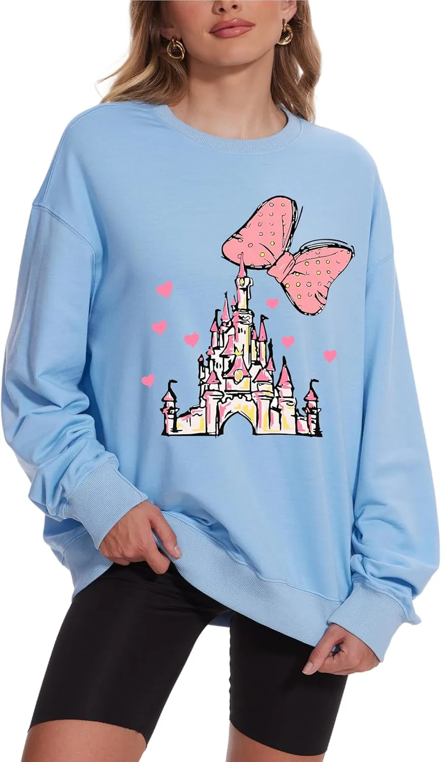 Magic Kingdom Sweatshirts For Women Magical Castle Pullover Bows Graphic Oversized Holiday Long Sleeve Tee Shirt Tops