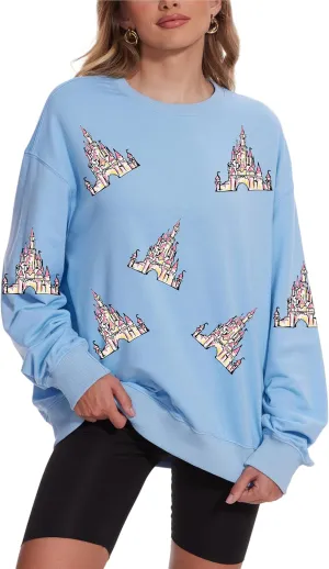 Magic Kingdom Sweatshirts For Women Magical Castle Pullover Bows Graphic Oversized Holiday Long Sleeve Tee Shirt Tops