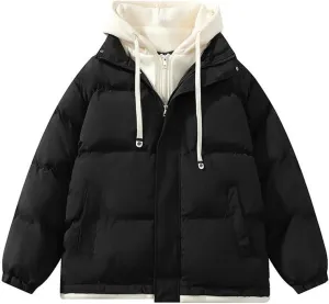 Man Solid Color Splicing Fake Two Hooded Drawstring Pockets Large Size Coat Cotton-padded Clothes Fall Winter Outwear
