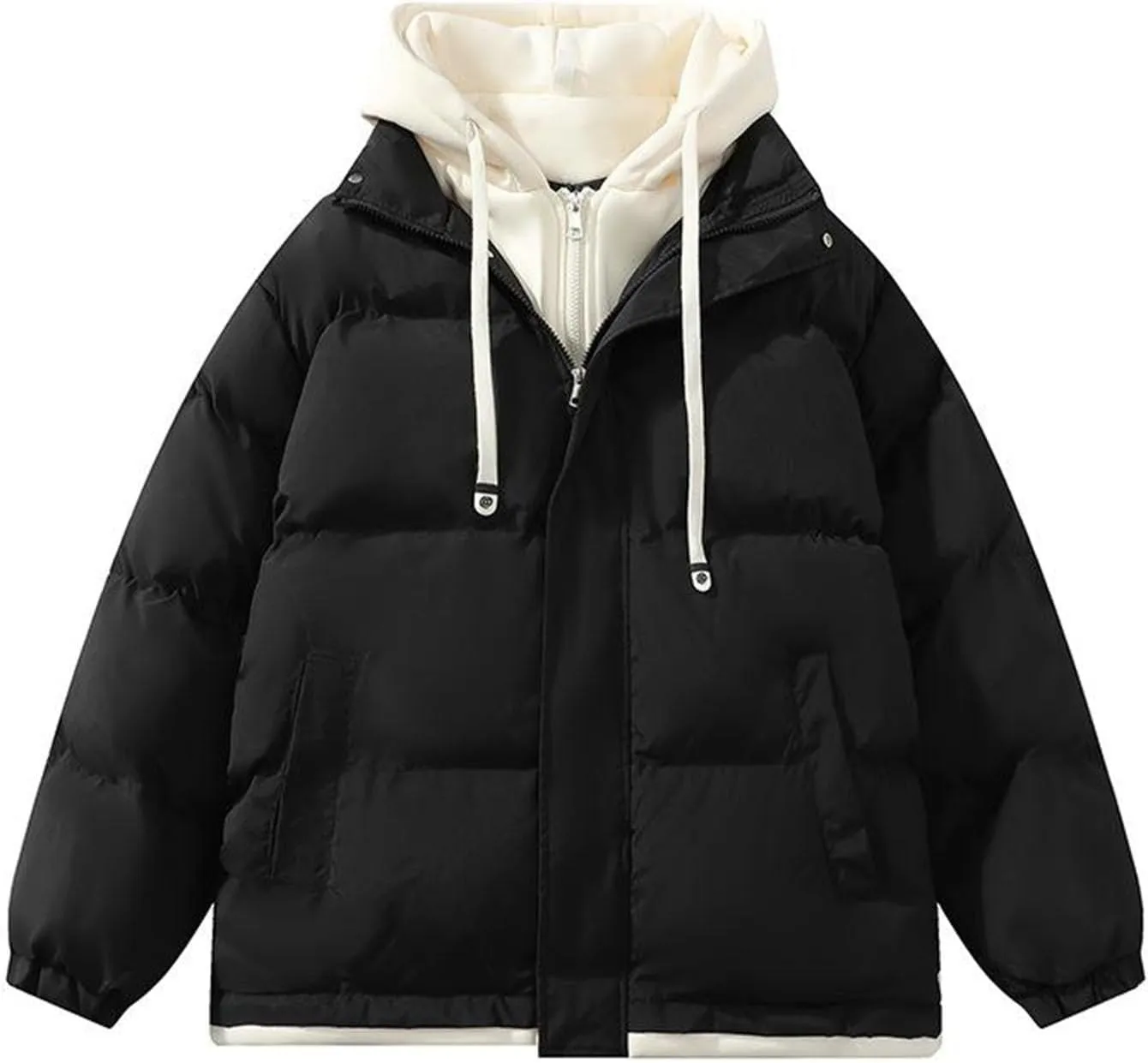 Man Solid Color Splicing Fake Two Hooded Drawstring Pockets Large Size Coat Cotton-padded Clothes Fall Winter Outwear