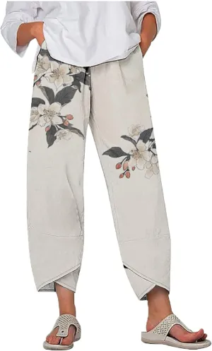 MARSVOVO Plus Size Capri Pants for Women 2024 Summer Beach Cotton Linen Wide Leg High Waist Baggy Trousers with Pockets