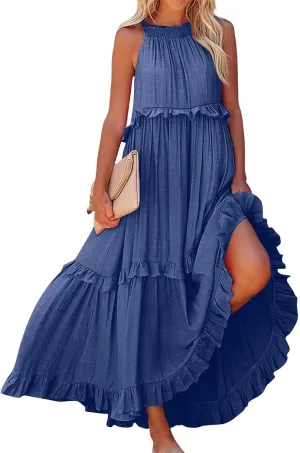 Maxi Dresses for Women 2025 Vacation Swing Flowy Tiered Dress Pretty Garden Halter Neck Long Smocked Ruffle Dresses