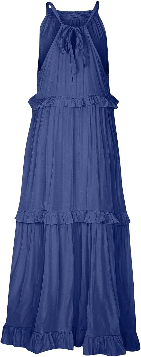 Maxi Dresses for Women 2025 Vacation Swing Flowy Tiered Dress Pretty Garden Halter Neck Long Smocked Ruffle Dresses