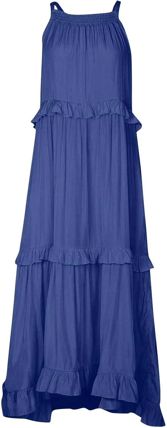 Maxi Dresses for Women 2025 Vacation Swing Flowy Tiered Dress Pretty Garden Halter Neck Long Smocked Ruffle Dresses
