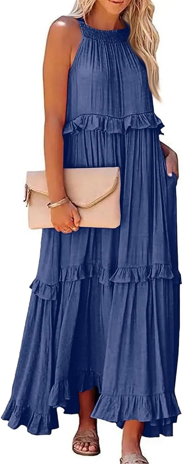 Maxi Dresses for Women 2025 Vacation Swing Flowy Tiered Dress Pretty Garden Halter Neck Long Smocked Ruffle Dresses
