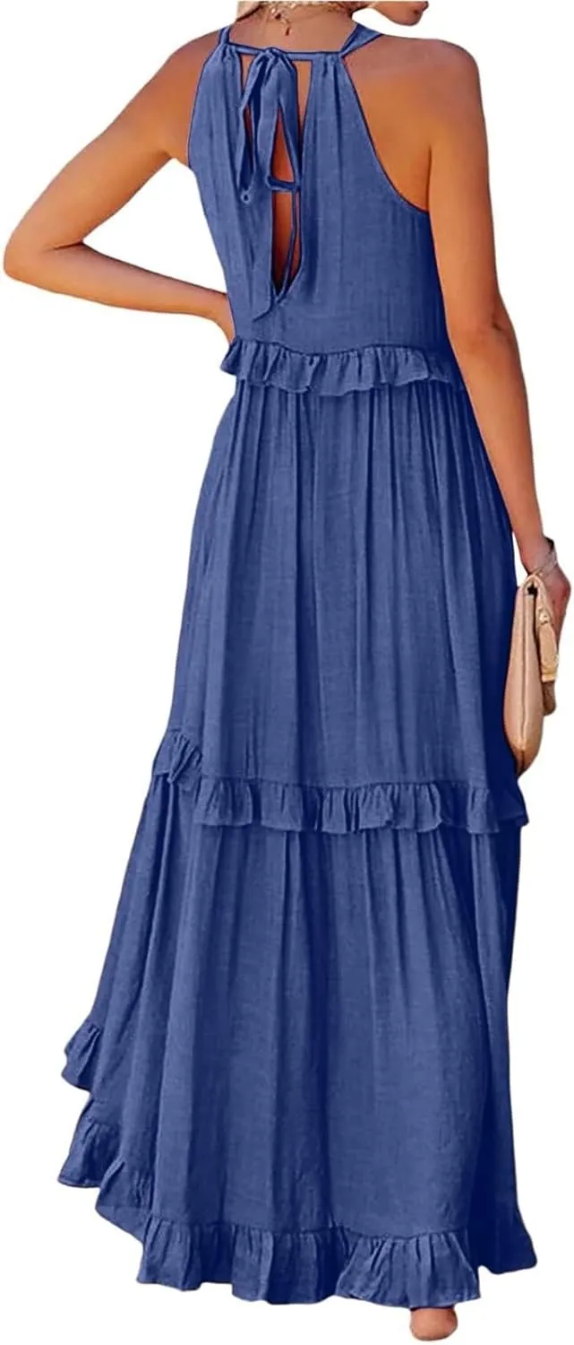 Maxi Dresses for Women 2025 Vacation Swing Flowy Tiered Dress Pretty Garden Halter Neck Long Smocked Ruffle Dresses