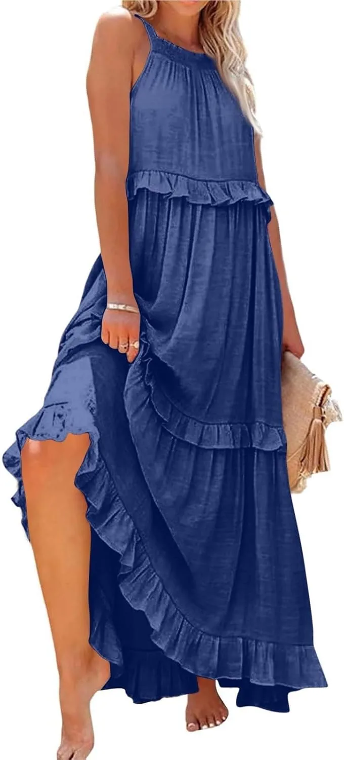 Maxi Dresses for Women 2025 Vacation Swing Flowy Tiered Dress Pretty Garden Halter Neck Long Smocked Ruffle Dresses