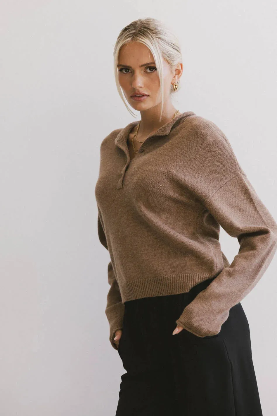 Meli Button Front Knit Sweater in Brown - FINAL SALE