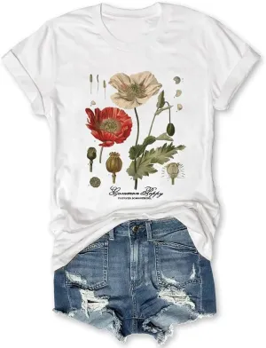 Memorial Day Vintage Poppy T-Shirt for Women Poppy Flower Language Crew Neck Short Sleeve Summer Tee