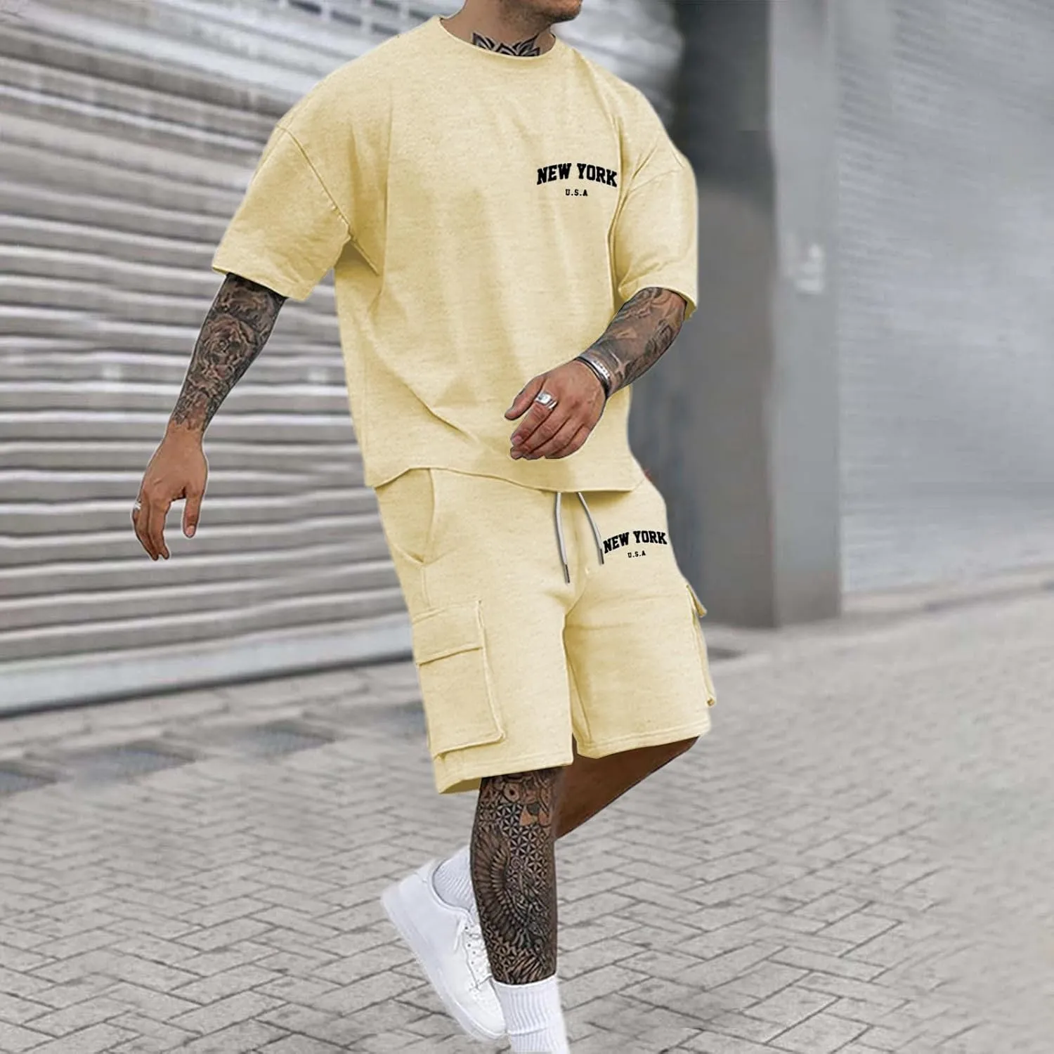 Men Outfits 2 Piece Fashion Casual Summer Drop Shoulder Oversize Tee Shirt Shorts Set Athletic Jogging Tracksuit