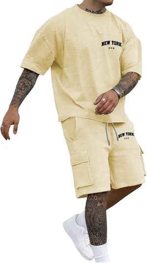 Men Outfits 2 Piece Fashion Casual Summer Drop Shoulder Oversize Tee Shirt Shorts Set Athletic Jogging Tracksuit