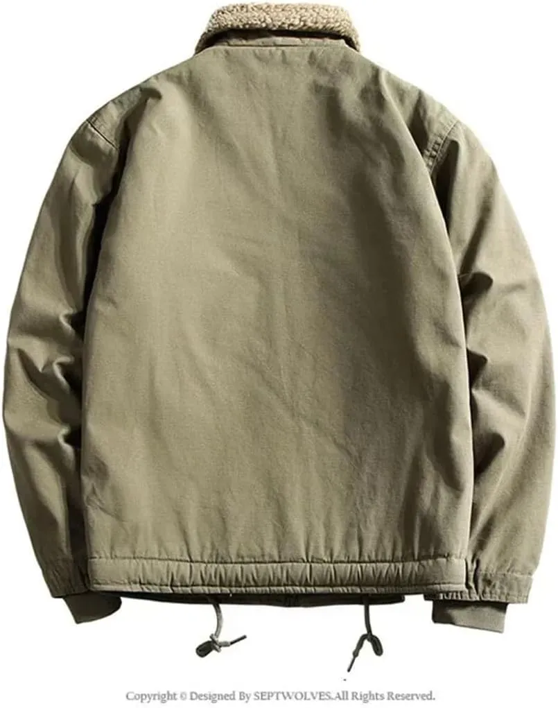 Men Winter Deck Coat Cotton-Padded Jacket Middle Fleece Cargo Jacket Vintage Lamb Fleece Coat