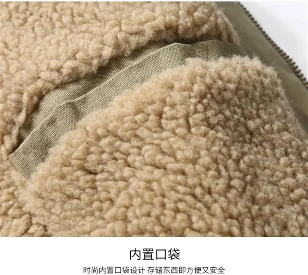 Men Winter Deck Coat Cotton-Padded Jacket Middle Fleece Cargo Jacket Vintage Lamb Fleece Coat