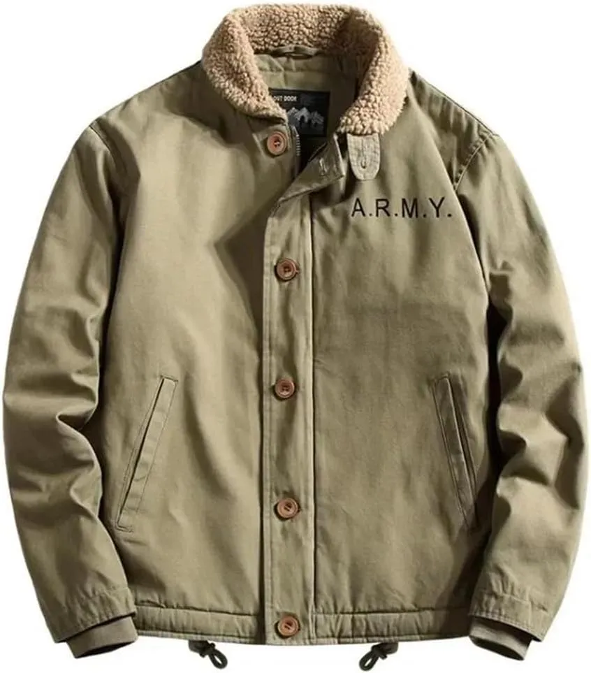 Men Winter Deck Coat Cotton-Padded Jacket Middle Fleece Cargo Jacket Vintage Lamb Fleece Coat