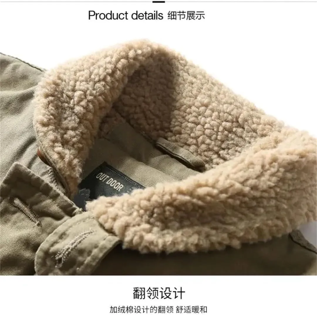 Men Winter Deck Coat Cotton-Padded Jacket Middle Fleece Cargo Jacket Vintage Lamb Fleece Coat