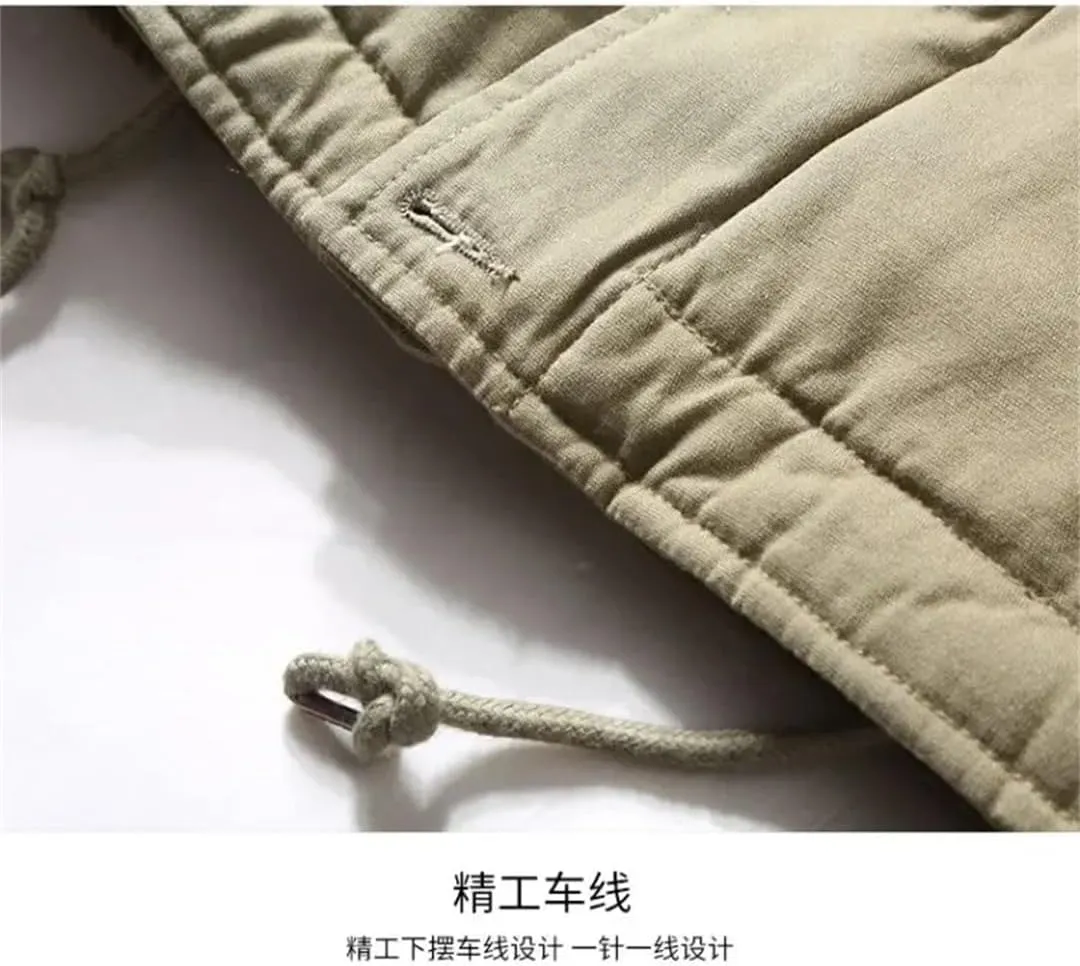 Men Winter Deck Coat Cotton-Padded Jacket Middle Fleece Cargo Jacket Vintage Lamb Fleece Coat