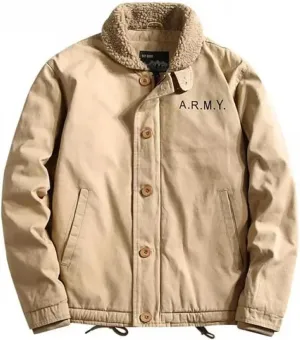 Men Winter Deck Coat Cotton-Padded Jacket Middle Fleece Cargo Jacket Vintage Lamb Fleece Coat