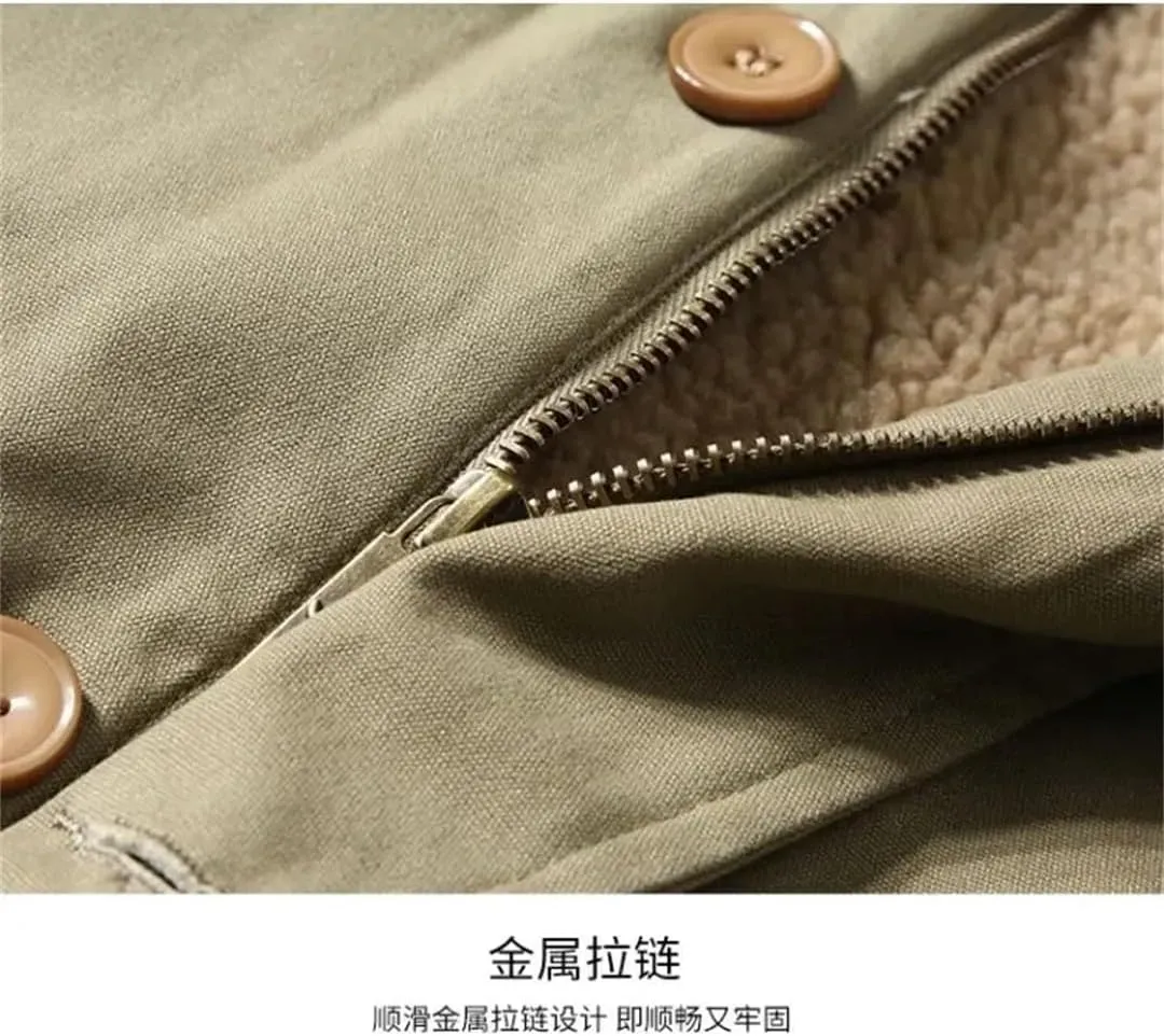 Men Winter Deck Coat Cotton-Padded Jacket Middle Fleece Cargo Jacket Vintage Lamb Fleece Coat