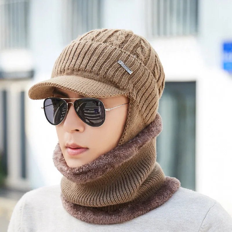 Men Winter Warm Ears Velvet Knit Beanie Scarf Cotton Hats