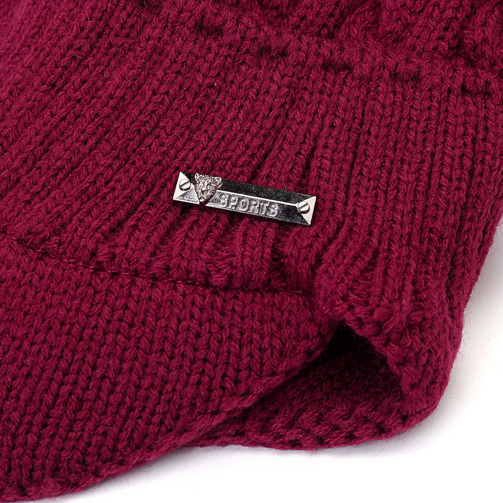 Men Winter Warm Ears Velvet Knit Beanie Scarf Cotton Hats