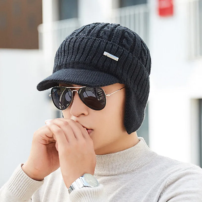 Men Winter Warm Ears Velvet Knit Beanie Scarf Cotton Hats