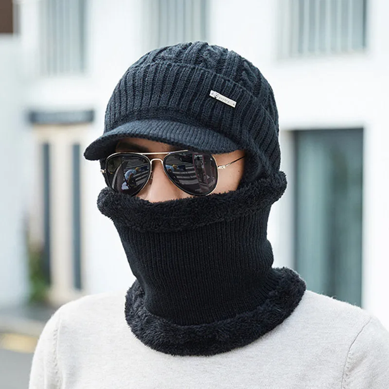 Men Winter Warm Ears Velvet Knit Beanie Scarf Cotton Hats