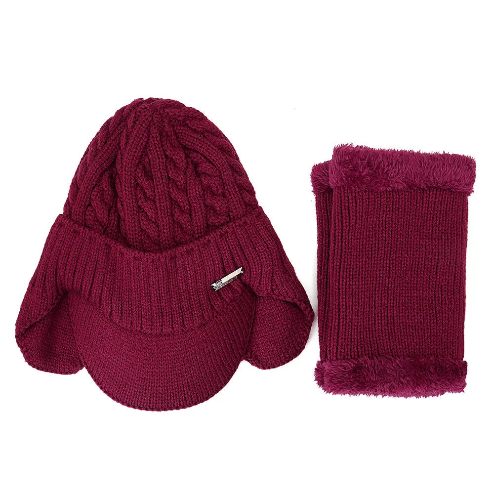 Men Winter Warm Ears Velvet Knit Beanie Scarf Cotton Hats