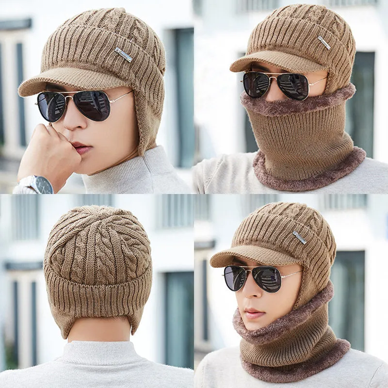 Men Winter Warm Ears Velvet Knit Beanie Scarf Cotton Hats