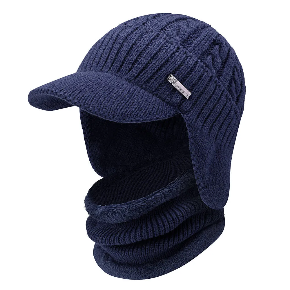 Men Winter Warm Ears Velvet Knit Beanie Scarf Cotton Hats