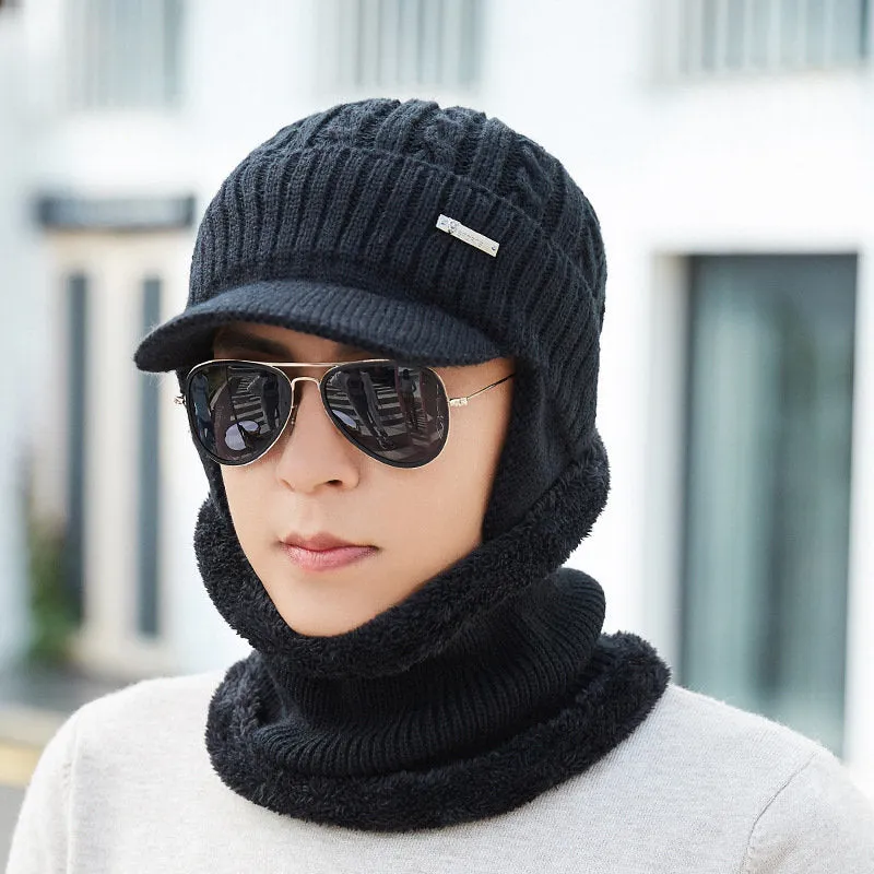Men Winter Warm Ears Velvet Knit Beanie Scarf Cotton Hats