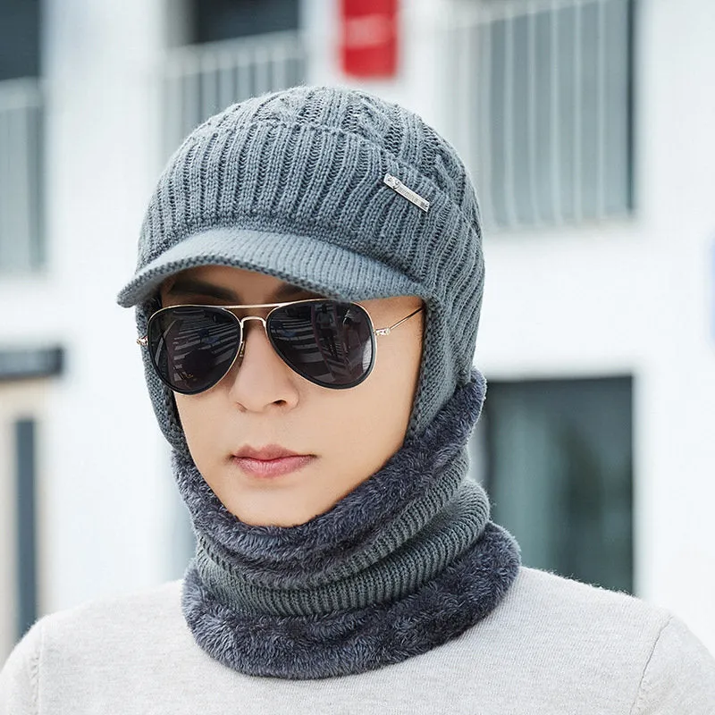 Men Winter Warm Ears Velvet Knit Beanie Scarf Cotton Hats