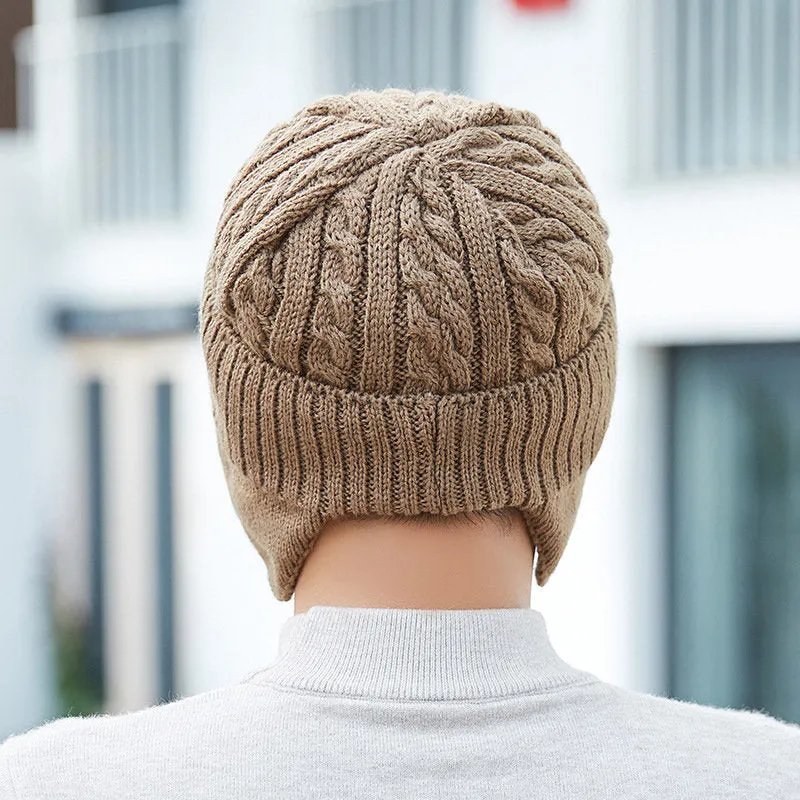 Men Winter Warm Ears Velvet Knit Beanie Scarf Cotton Hats