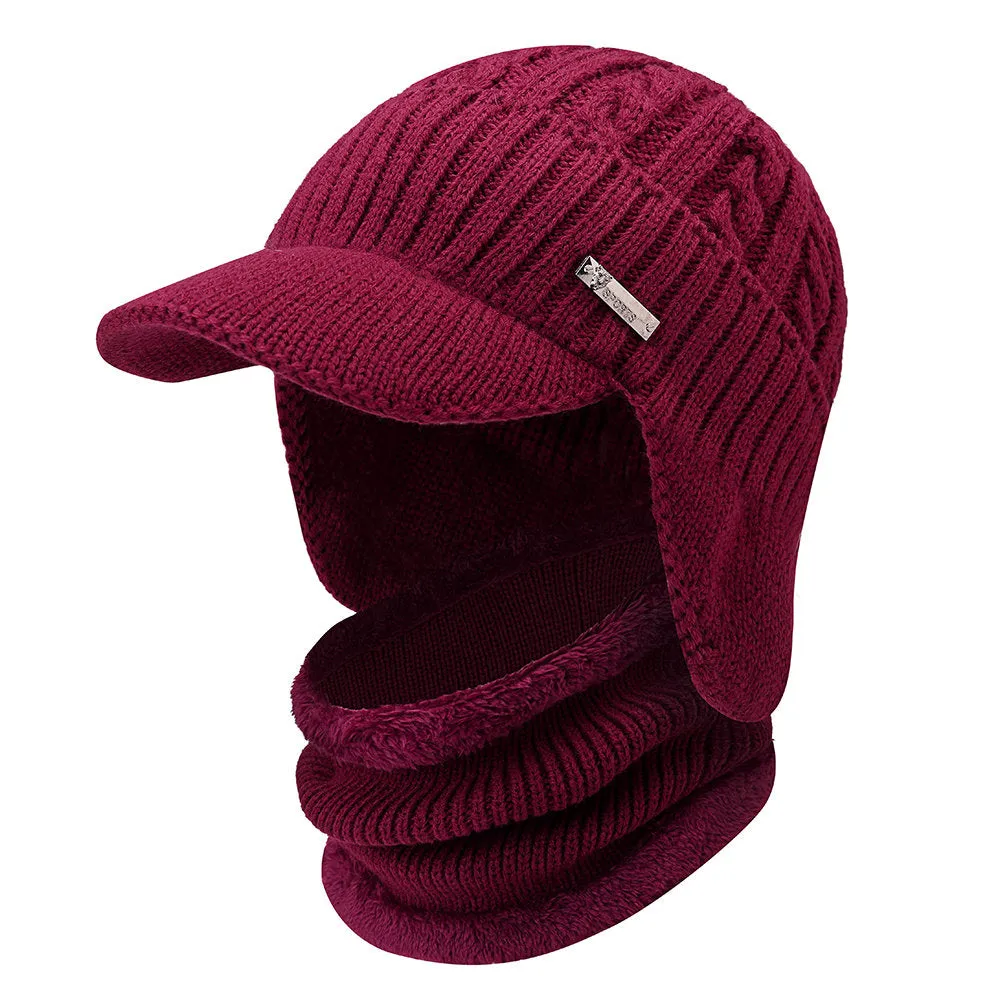 Men Winter Warm Ears Velvet Knit Beanie Scarf Cotton Hats