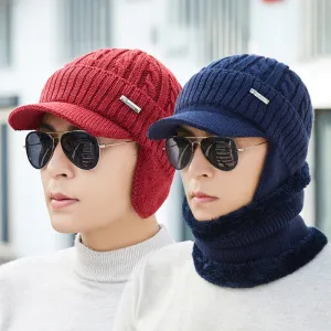 Men Winter Warm Ears Velvet Knit Beanie Scarf Cotton Hats