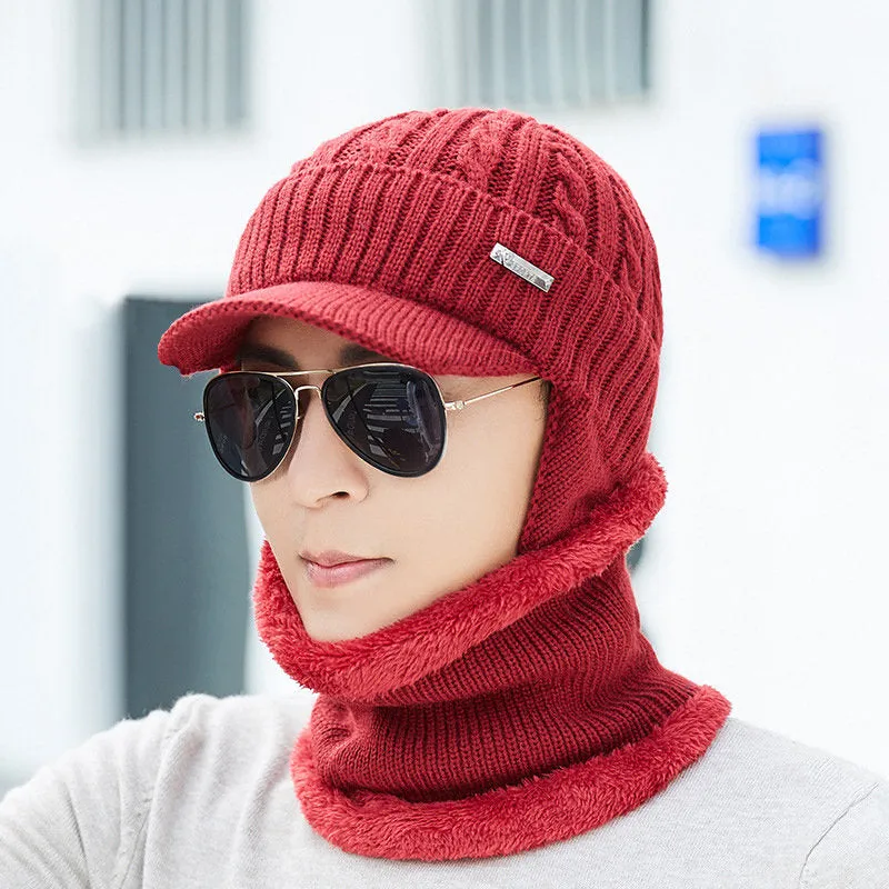 Men Winter Warm Ears Velvet Knit Beanie Scarf Cotton Hats