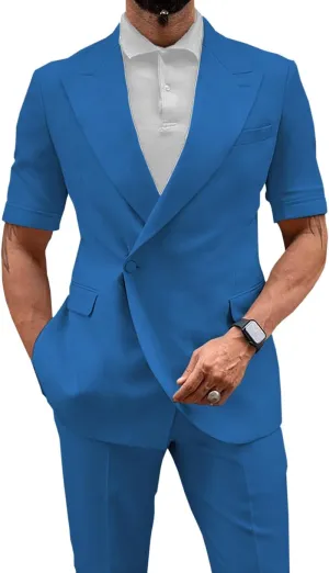 Men's 2 Piece Short Suits Set Short Pants & Short Sleeved Jacket Slim Fit Casual Mens Summer Suit