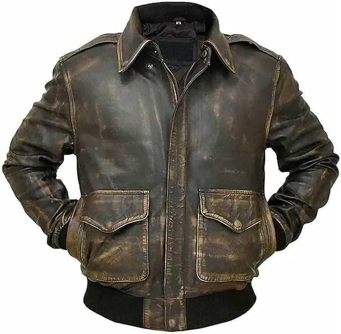 Men's A2 Brown Distressed Leather Jacket l Air Force Brown WWII Flying Tiger Bomber Jacket.