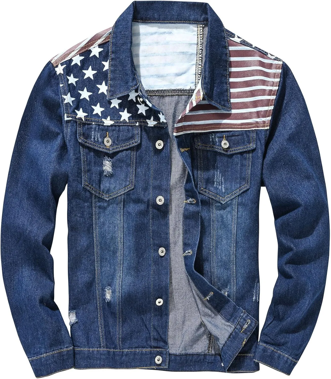 Men's American USA Flag Denim Jacket Distressed Ripped Jean Coat Outerwear