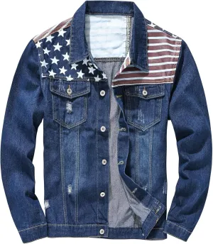 Men's American USA Flag Denim Jacket Distressed Ripped Jean Coat Outerwear