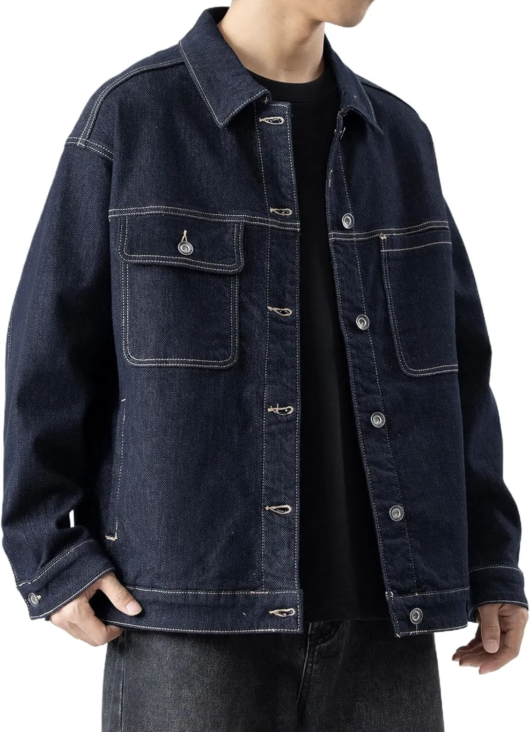 Men's Autumn Denim Jacket,Loose Fit Workwear Casual Coat,Fleece Lined Thickened Top