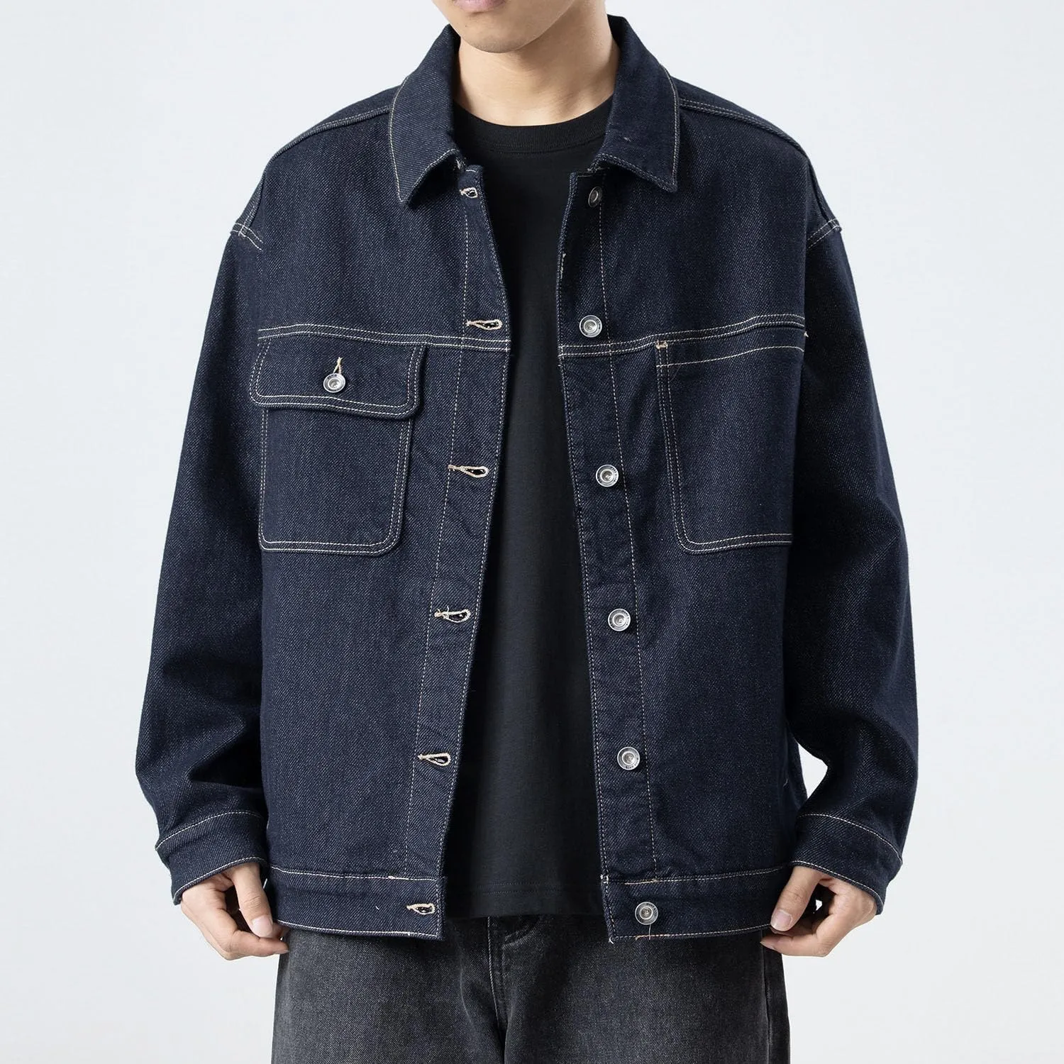 Men's Autumn Denim Jacket,Loose Fit Workwear Casual Coat,Fleece Lined Thickened Top