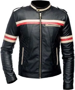 Mens Black Vintage Racer Jacket - Red and White Stripe Biker Leather Jacket Men