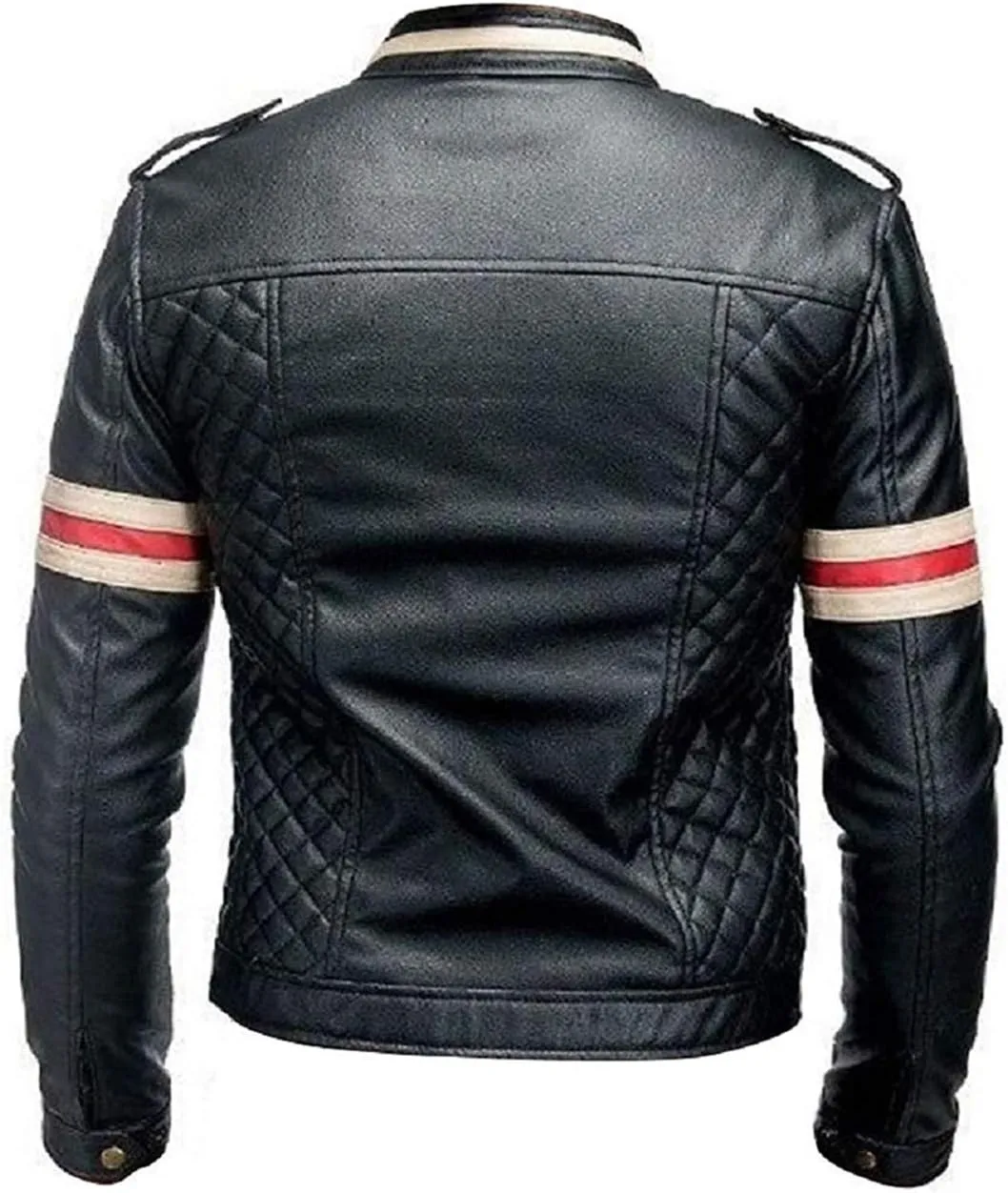 Mens Black Vintage Racer Jacket - Red and White Stripe Biker Leather Jacket Men