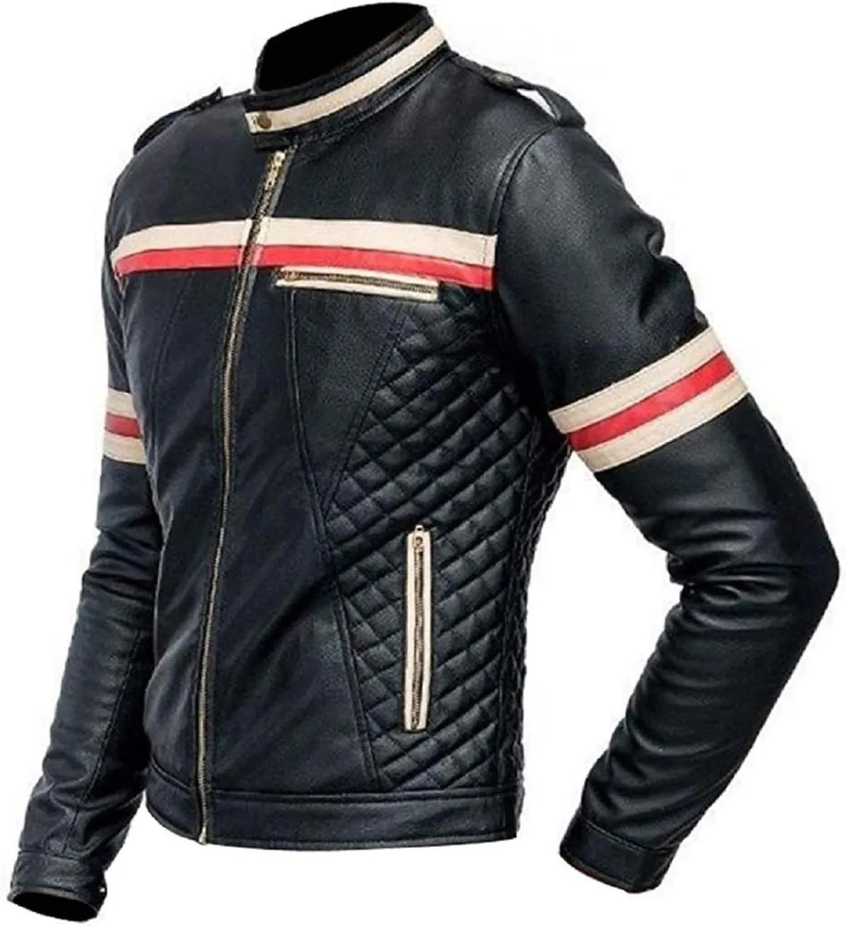 Mens Black Vintage Racer Jacket - Red and White Stripe Biker Leather Jacket Men
